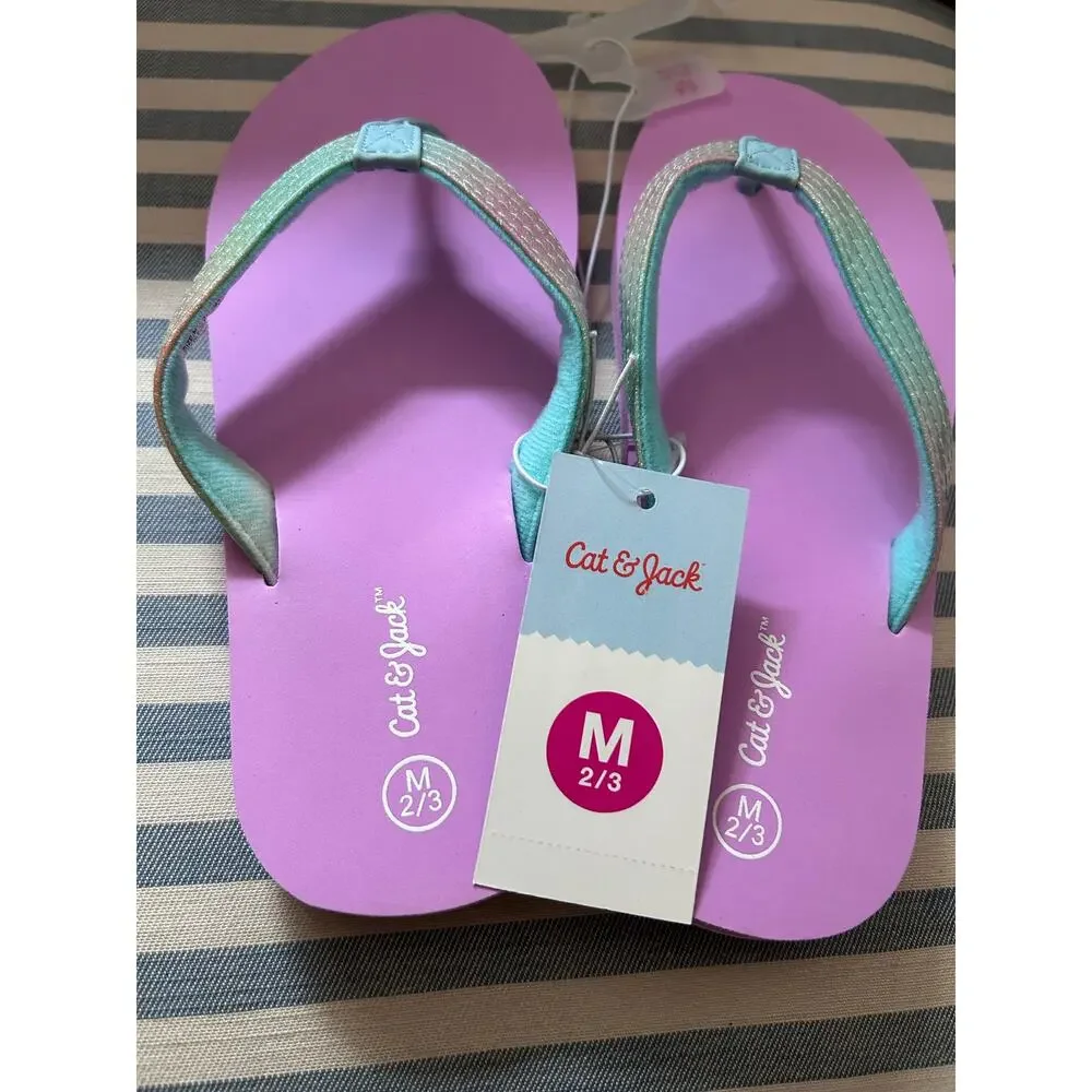 New Girls Cat & Jack Pink Blue Glittery Flip-flops size Medium 2/3